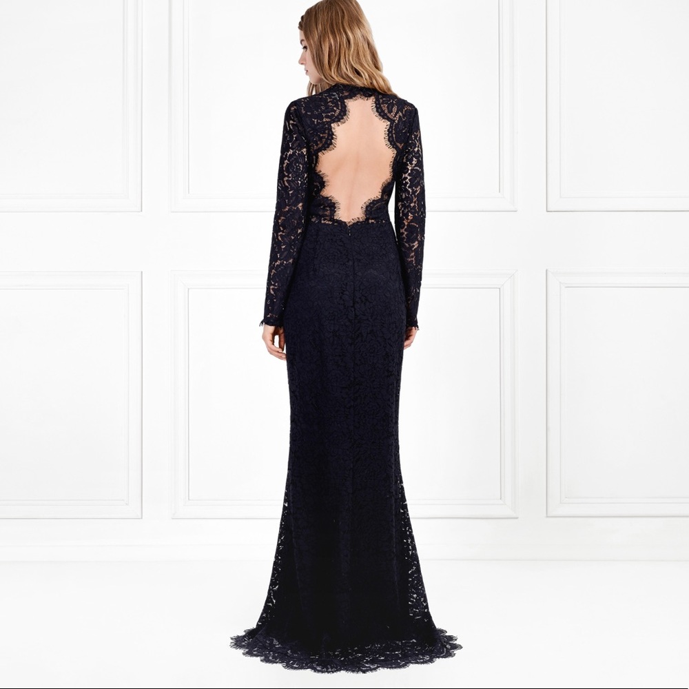 - Rachel Zoe black lace long sleeve backless gown